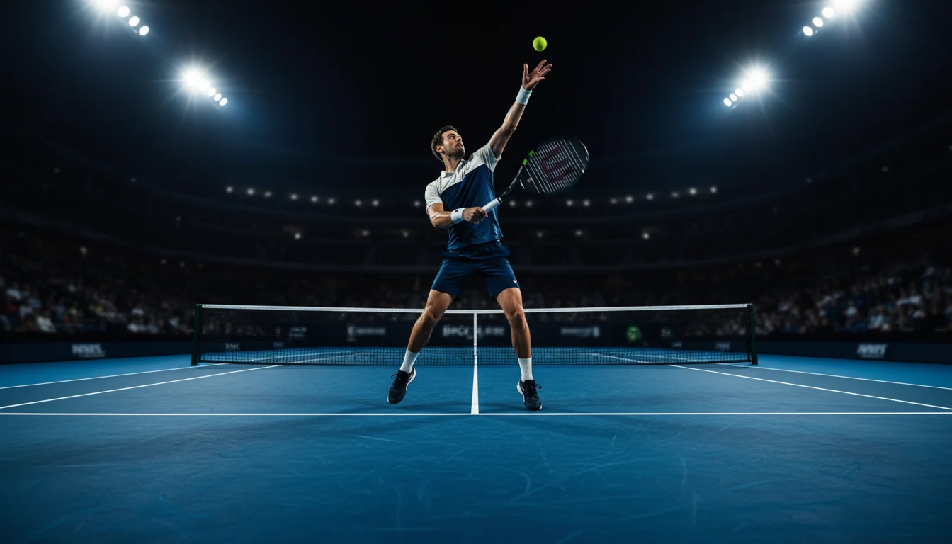 Joueur de tennis en plein geste de service puissant sur un court rapide