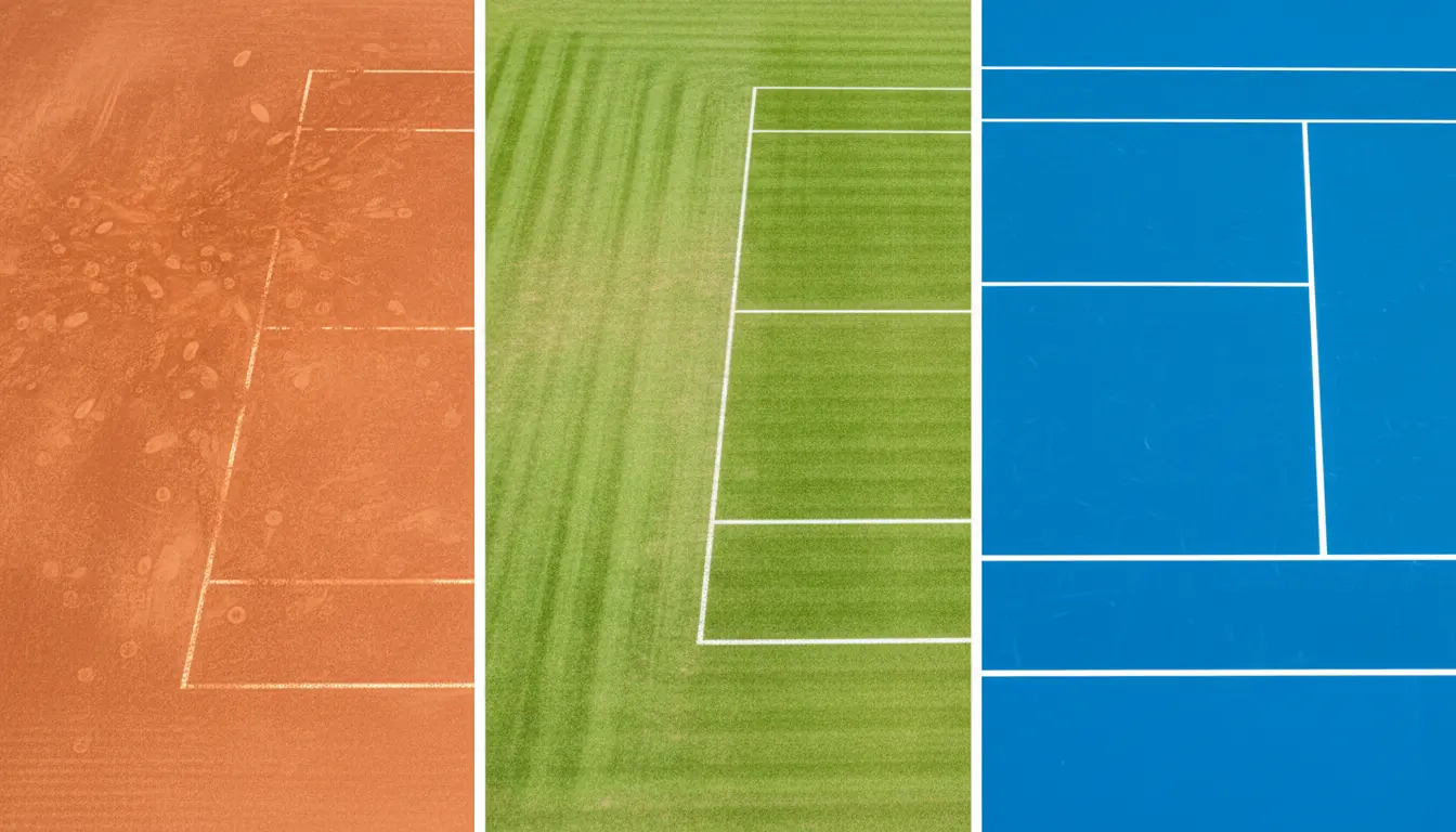 Trois types de surface de tennis côte à côte terre battue gazon et dur