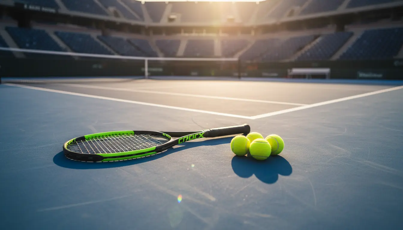Court de tennis professionnel avec raquette et balles jaunes sur surface dure