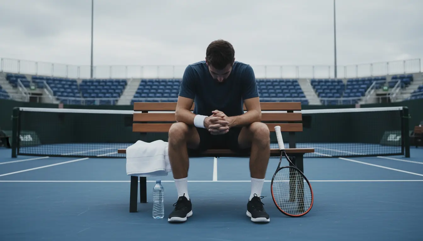 Joueur de tennis frustré sur un banc au bord du court avec raquette posée à côté