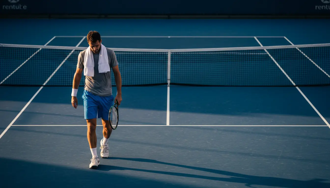 Joueur de tennis fatigué sur le court après un match éprouvant