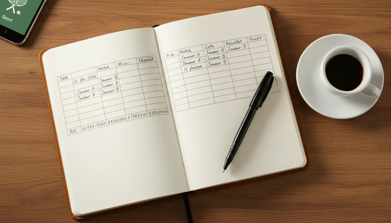 Carnet de notes ouvert avec stylo pour suivi des paris sportifs tennis