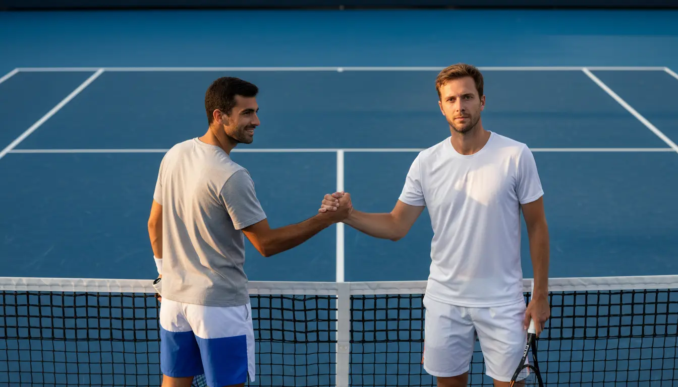 Deux joueurs de tennis se serrant la main au filet après un match sur court en dur