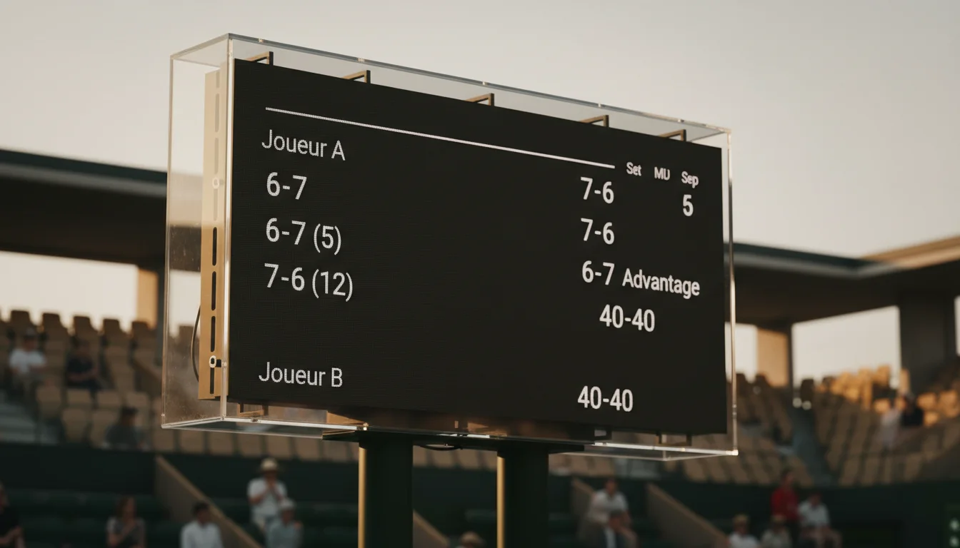 Tableau d'affichage de tennis montrant un score serré avec de nombreux jeux disputés