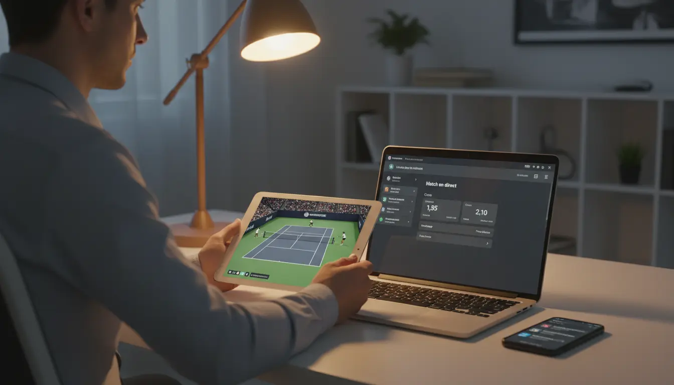 Personne analysant un match de tennis en direct sur tablette avec statistiques