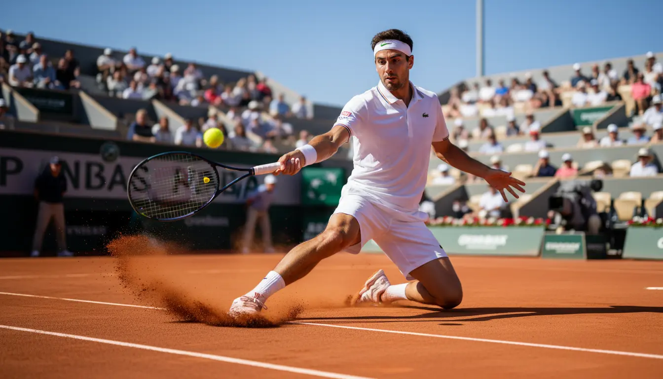 Joueur de tennis professionnel en action sur court de terre battue Roland-Garros